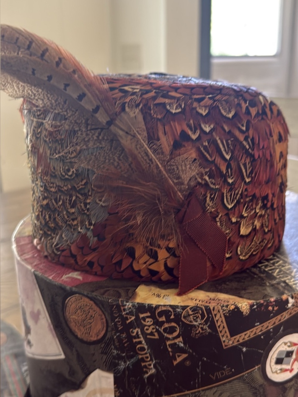 Two peacock, pheasant vintage hats, sold together only. Kept in box.